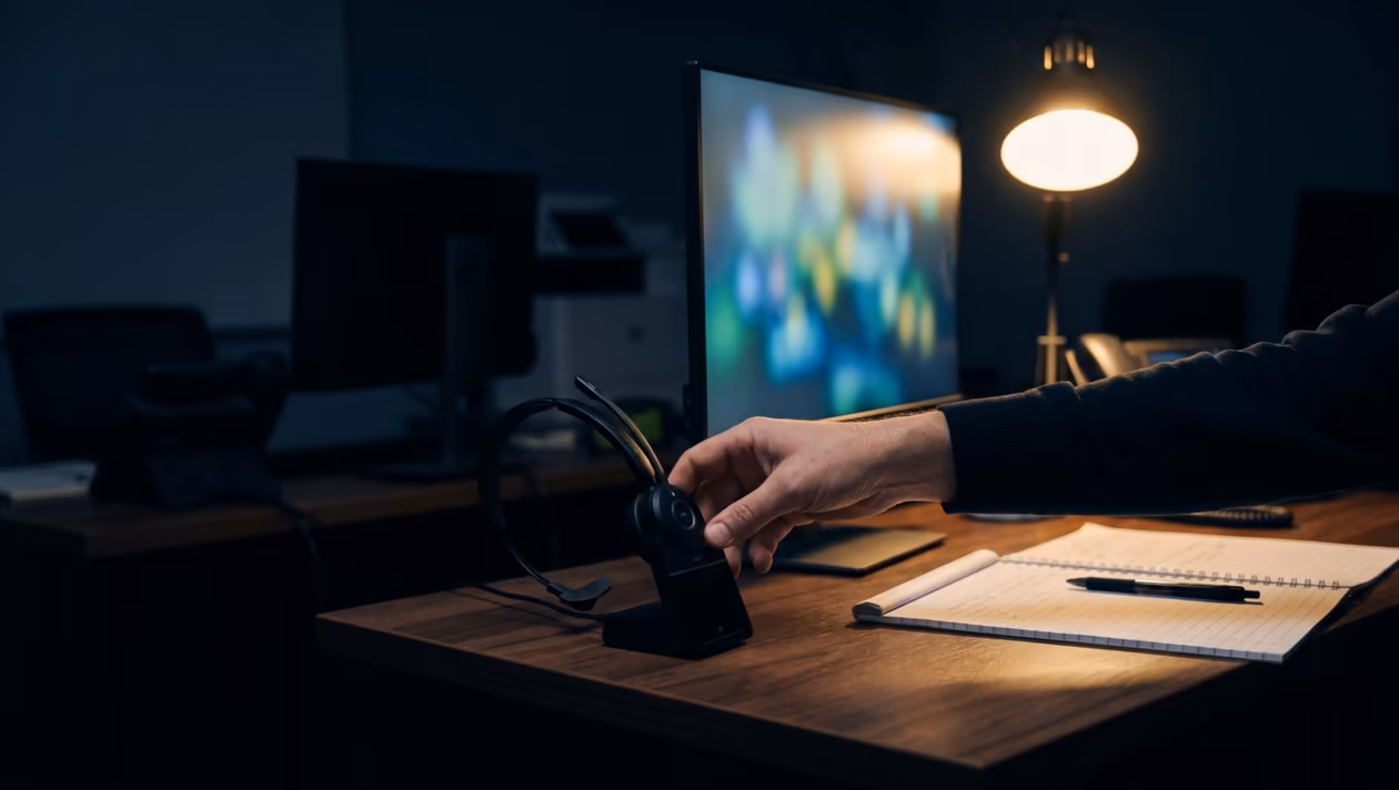 A hand lifts a wireless headset from its stand beside a monitor showing a call screen as soft shapes.