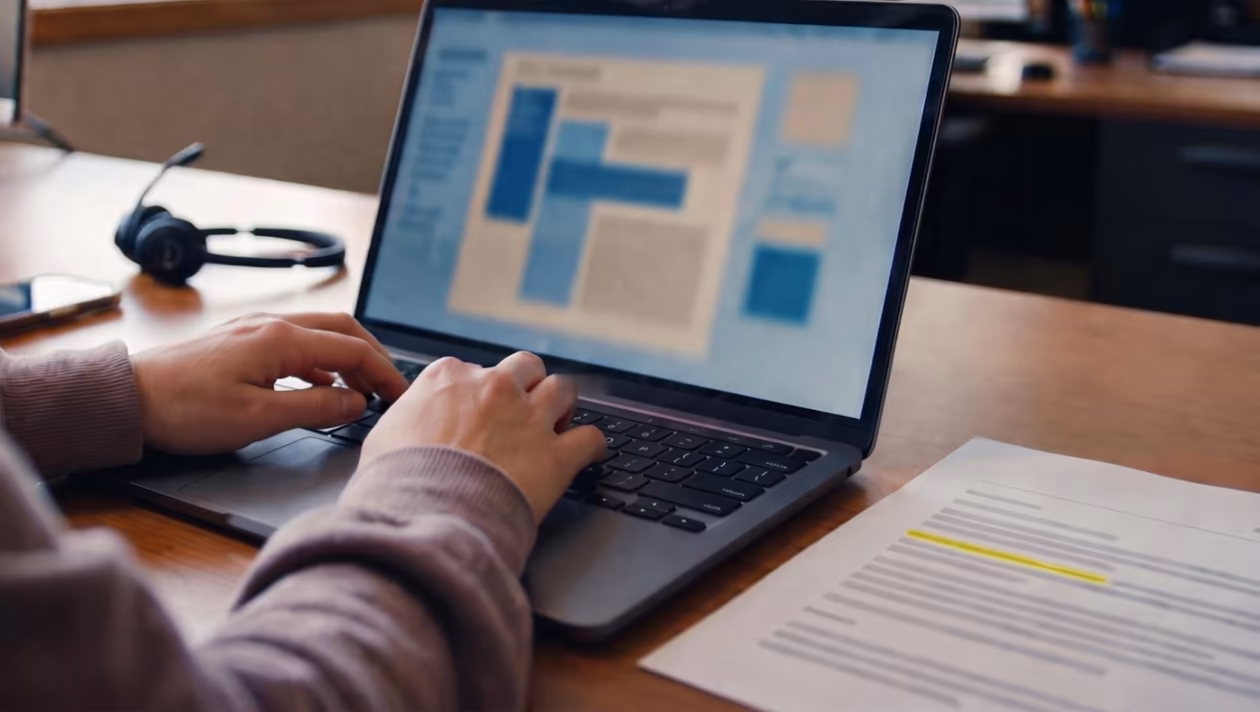 Hands on a laptop keyboard beside a printed note with one line highlighted.