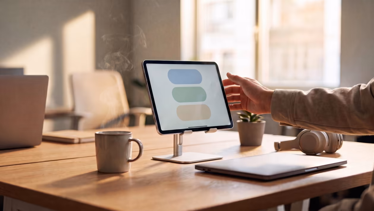 A tablet beside a coffee cup in morning light, showing a short list as soft shapes.
